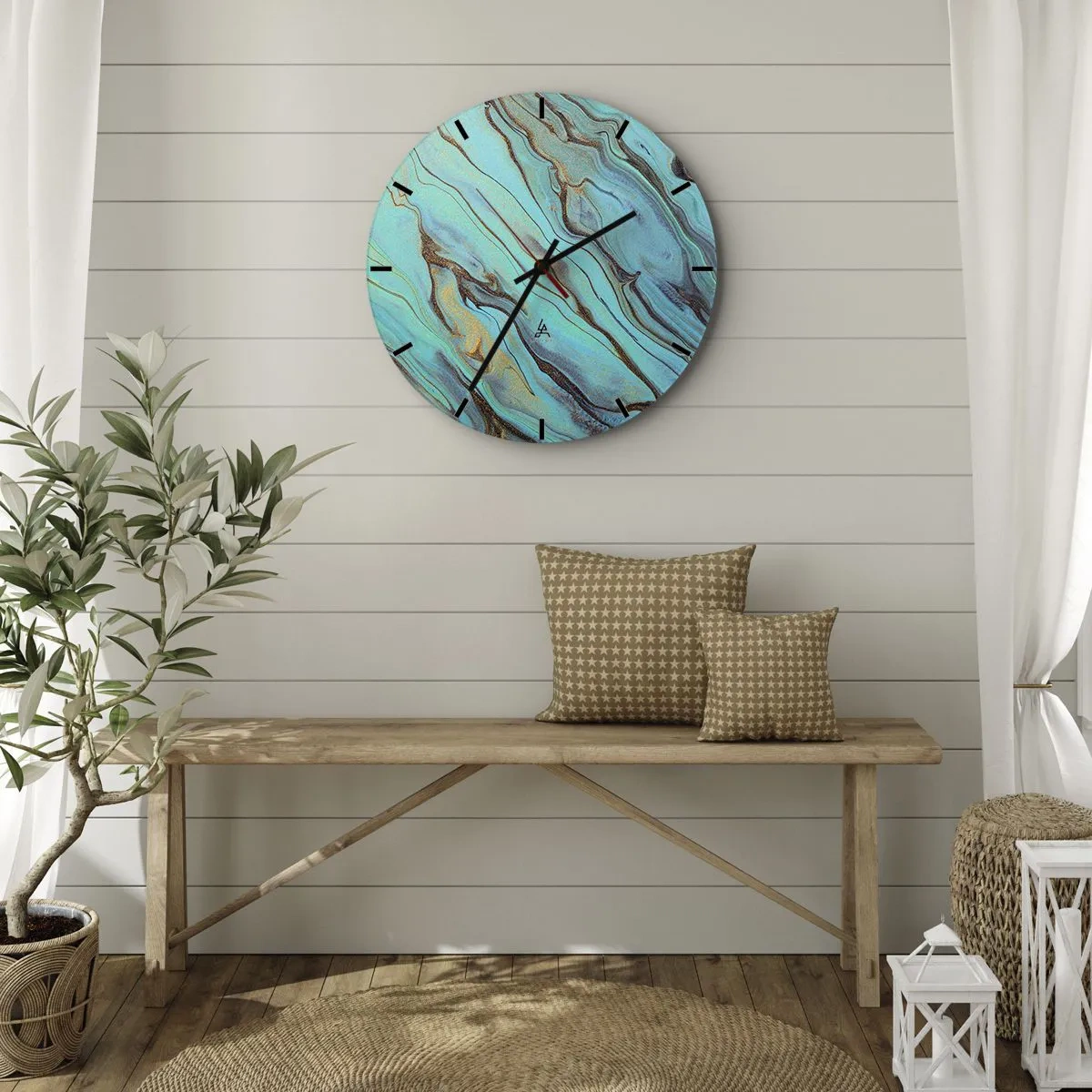 Reloj de pared - Reloj de vidrio - Ondas jaspeadas de turquesa y oro - 30x30cm - Marea turquesa - Decoración de pared moderna para salón, cocina y dormitorio ARTTOR