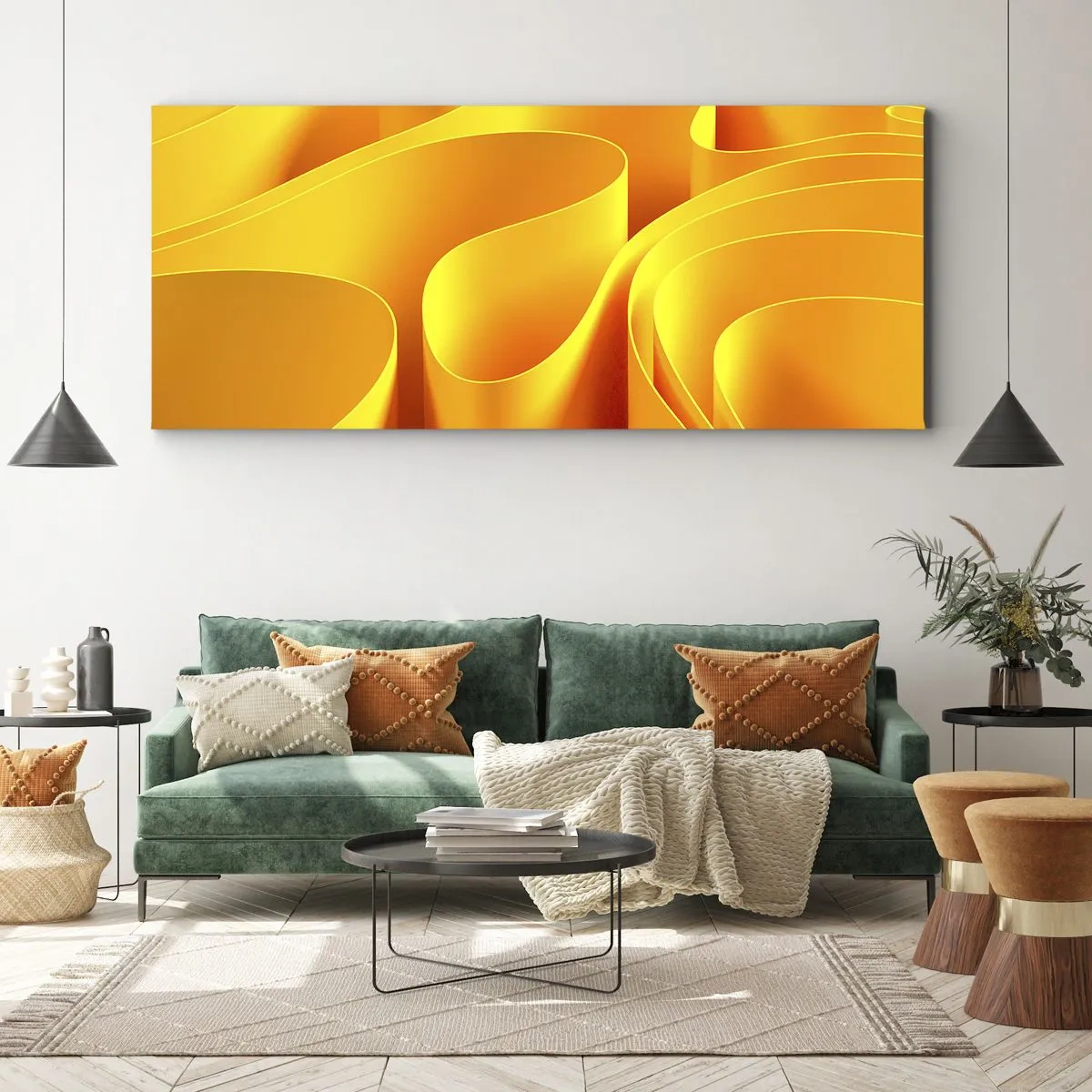 Cuadro sobre lienzo - Impresión de Imagen - Ondas abstractas amarillas que se asemejan a los rayos del sol - 140x50cm - Como las olas del sol - Decoración de pared moderna para salón y dormitorio ARTTOR