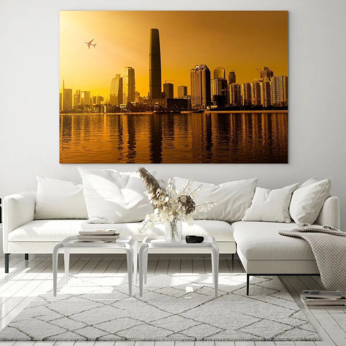 Cuadro sobre vidrio - Impresiones sobre Vidrio - Una ciudad moderna con rascacielos al atardecer. - 70x50cm - La ciudad dorada - Decoración de pared moderna para salón y dormitorio ARTTOR