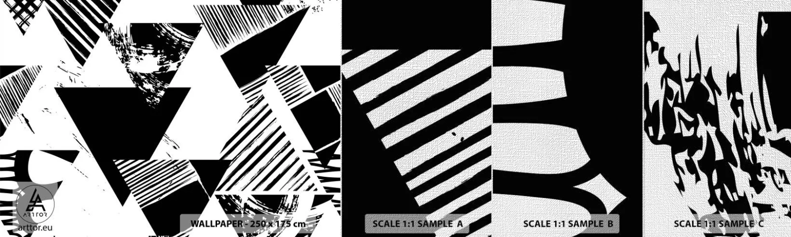 Muestra de fotomural Premium Canvas - Una lluvia de triángulos - Abstracción, Gráficos, En blanco y negro - 100x30 cm