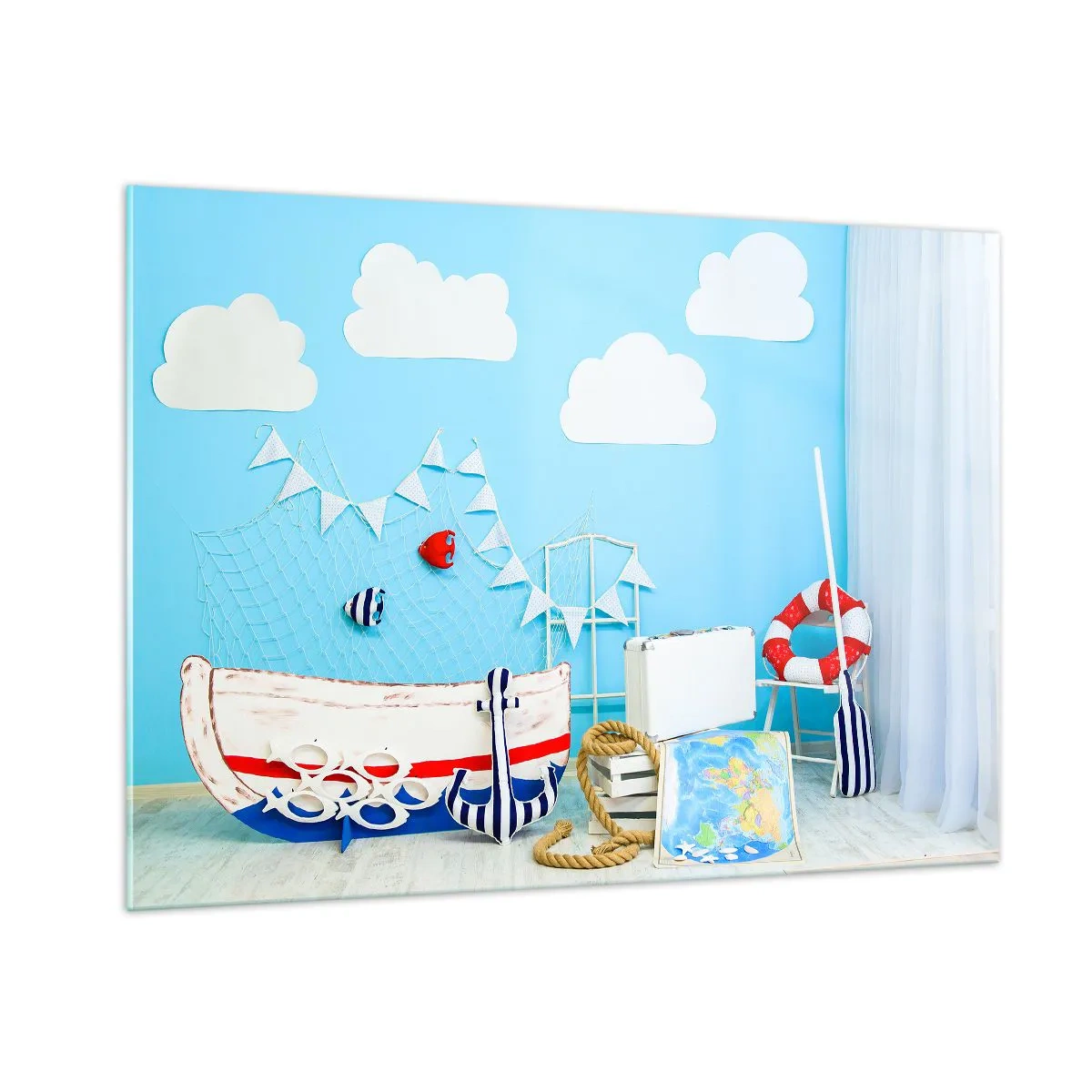 Cuadro sobre vidrio - Impresiones sobre Vidrio - Escena marina decorativa con un barco y accesorios náuticos. - 100x70cm - El ansia de aventura de un niño - Decoración de pared moderna para salón y dormitorio ARTTOR