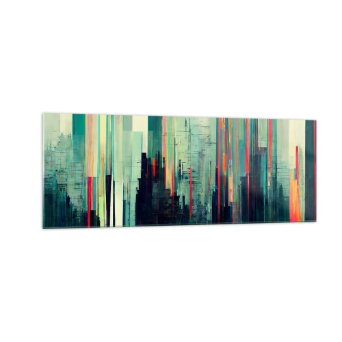 Cuadro sobre vidrio - Impresiones sobre Vidrio - Abstracción con líneas verticales y un horizonte de ciudad. - 140x50cm - Ciudad futurista - Decoración de pared moderna para salón y dormitorio ARTTOR