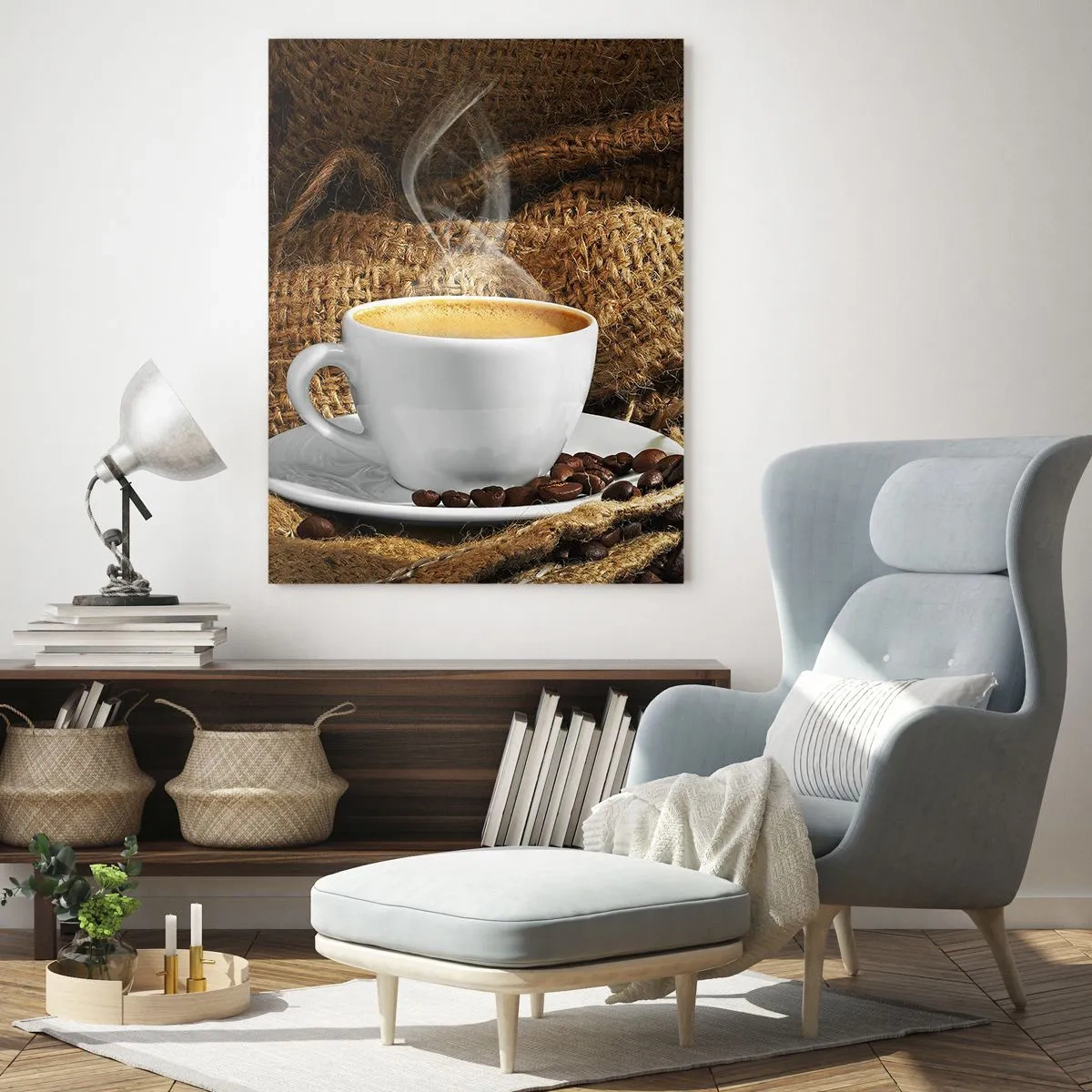 Cuadro sobre vidrio - Impresiones sobre Vidrio - Una taza de café con granos sobre un fondo de yute. - 50x70cm - Olor a moca y densidad del líquido meloso - Decoración de pared moderna para salón y dormitorio ARTTOR