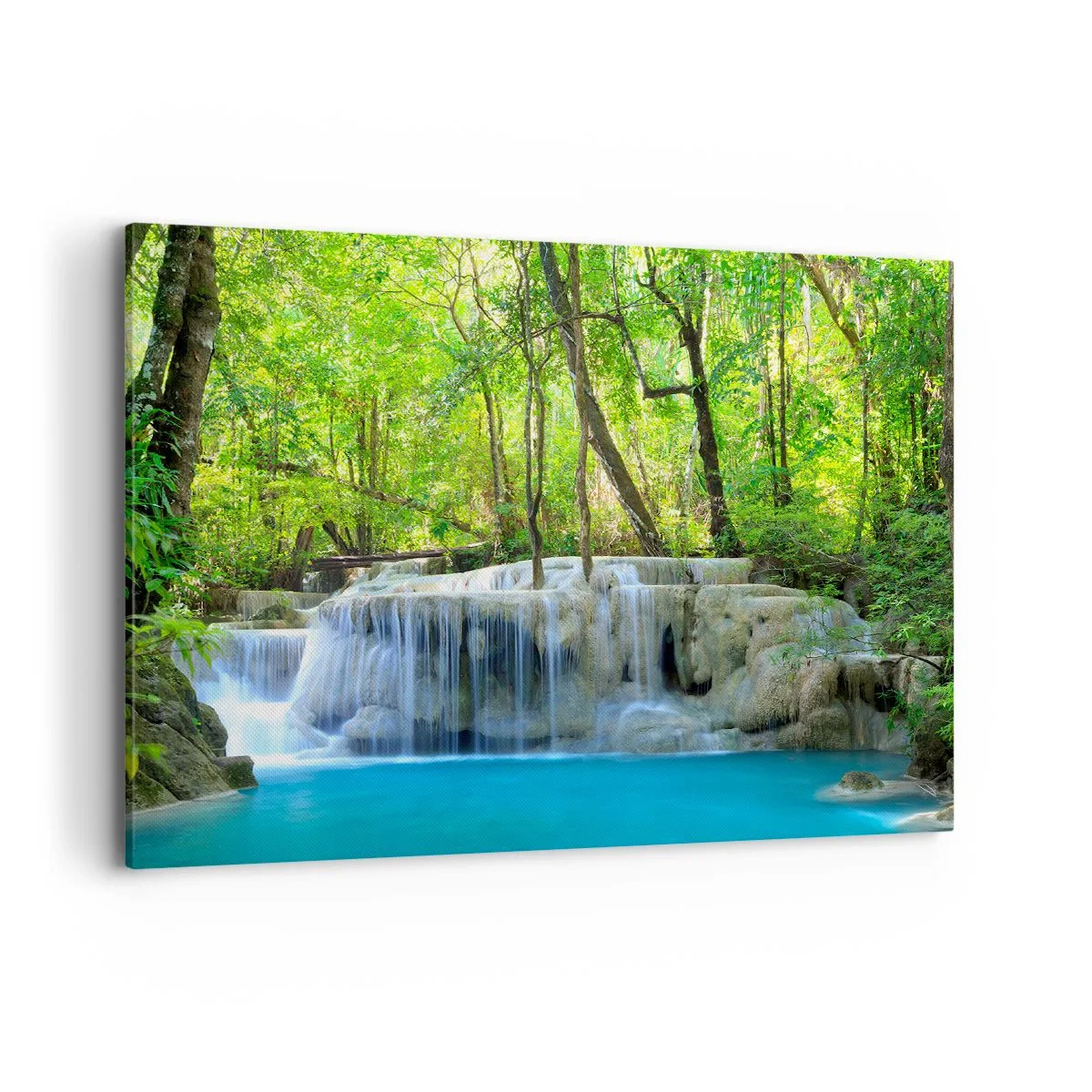 Cuadro sobre lienzo - Impresión de Imagen - Una cascada entre árboles verdes con agua azul en un entorno natural. - 100x70cm - Ahogarse en turquesa y verde - Decoración de pared moderna para salón y dormitorio ARTTOR