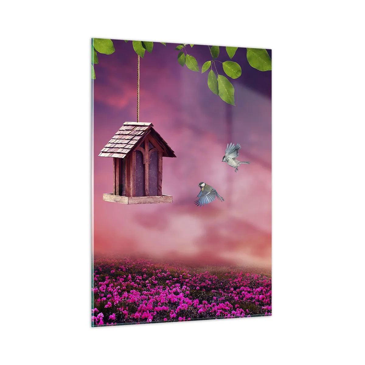 Cuadro sobre vidrio - Impresiones sobre Vidrio - Un comedero para pájaros contra un cielo rosado. - 50x70cm - Invitación a una cena - Decoración de pared moderna para salón y dormitorio ARTTOR