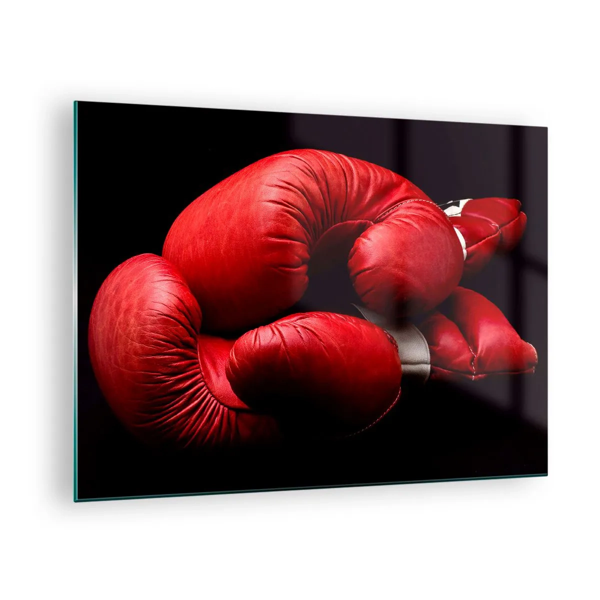 Cuadro sobre vidrio - Impresiones sobre Vidrio - Guantes de boxeo rojos sobre fondo negro - 70x50cm - La emoción del combate quedó atrás - Decoración de pared moderna para salón y dormitorio ARTTOR