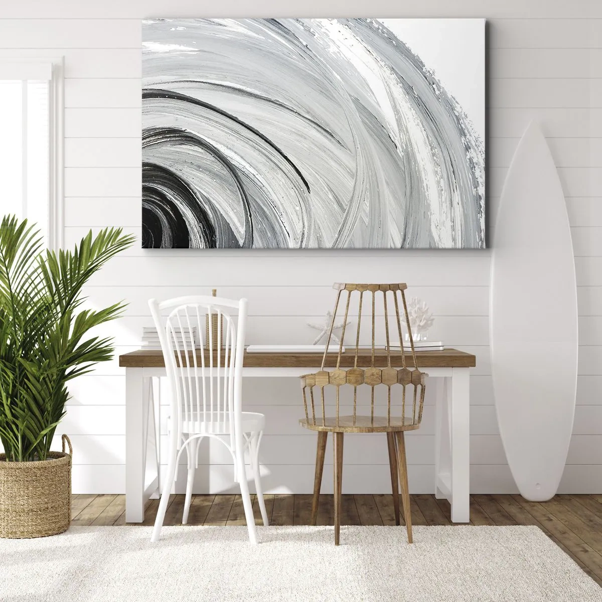 Cuadro sobre lienzo - Impresión de Imagen - Un remolino monocromático en tonos de gris y negro. - 70x50cm - Composición orbital - Decoración de pared moderna para salón y dormitorio ARTTOR