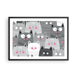 Póster en marco negro - Un patrón divertido con gatos en tonos grises. - 70x50cm - El mundo de los gatos - Decoración de pared moderna para salón y dormitorio ARTTOR
