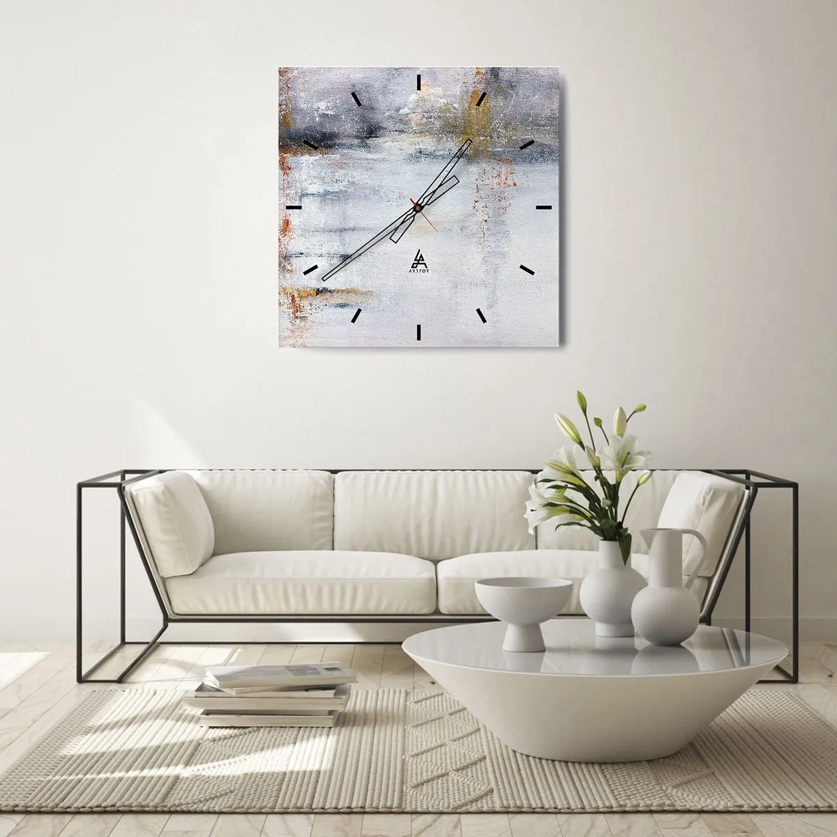 Reloj de pared - Reloj de vidrio - Un paisaje abstracto con acentos borrosos de gris y dorado. - 30x30cm - Tras una cortina de aire - Decoración de pared moderna para salón y dormitorio ARTTOR