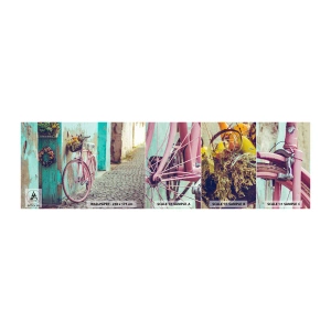 Muestra de fotomural autoadhesivo Deluxe Sticker - Ahora mismo vuelvo - Bicicleta, Arquitectura, flores - 100x30 cm