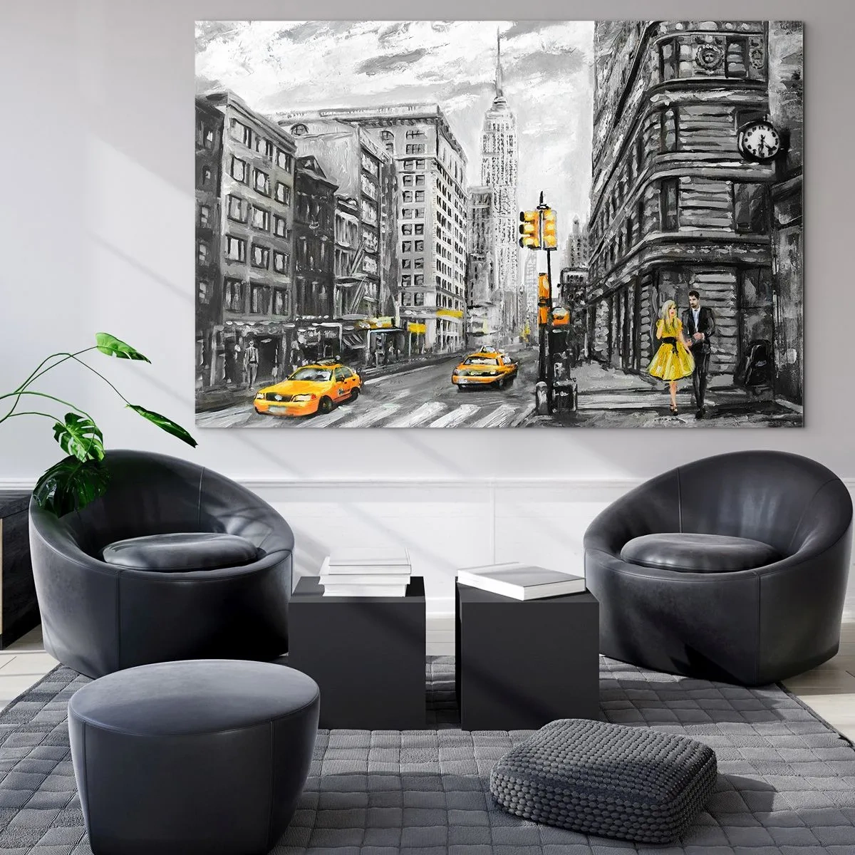 Cuadro sobre vidrio - Impresiones sobre Vidrio - Una ilustración de la ciudad de Nueva York en tonos blanco y negro con acentos amarillos. - 100x70cm - Una de las muchas historias de la gran manzana - Decoración de pared moderna para salón y dormitorio AR