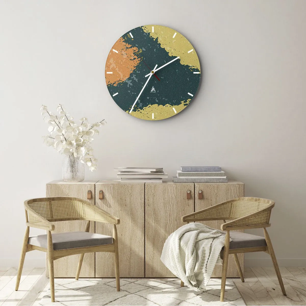 Reloj de pared - Reloj de vidrio - Manchas artísticas en tonos verdes, beige y naranjas - 30x30cm - Abstracción - a cámara lenta - Decoración de pared moderna para salón, cocina y dormitorio ARTTOR