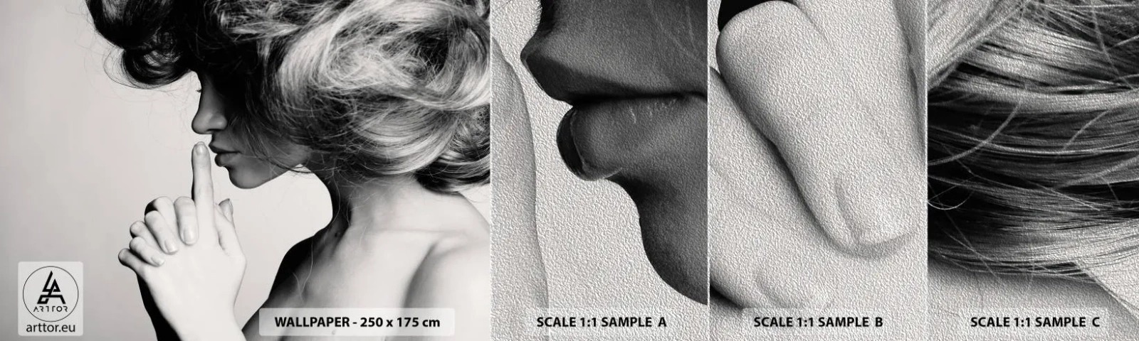 Muestra de fotomural Premium Sand - Escucharme a mí misma - Mujer, Modelo, cara de mujer - 100x30 cm