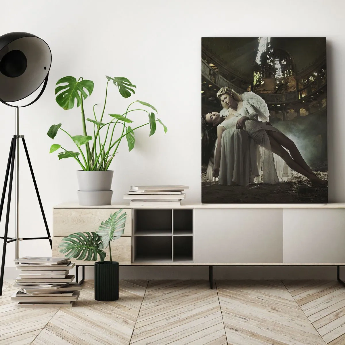 Cuadro sobre lienzo - Impresión de Imagen - Dos figuras en ruinas con un juego de luces. - 80x120cm - El espíritu del viejo teatro - Decoración de pared moderna para salón y dormitorio ARTTOR