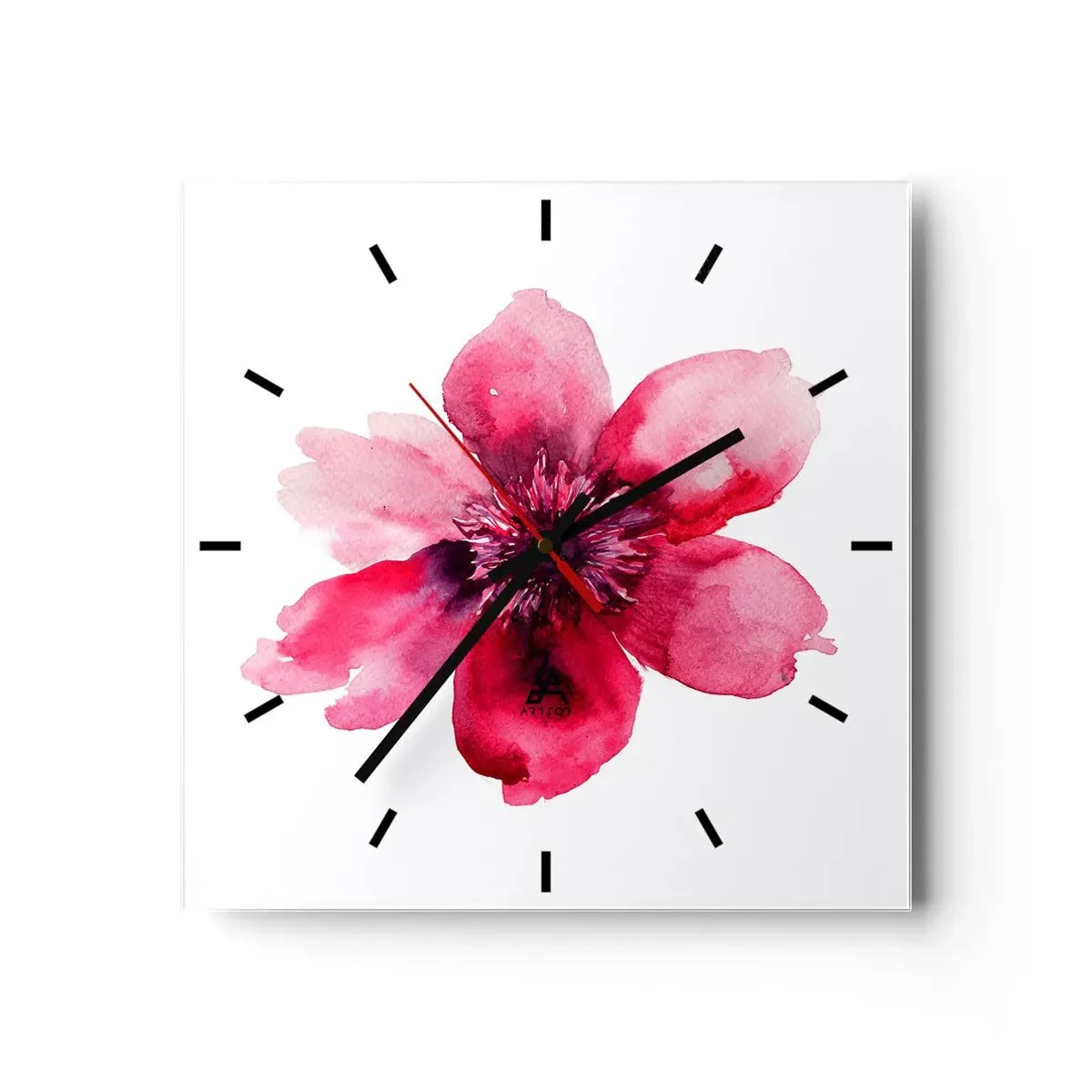 Reloj de pared - Reloj de vidrio - Flor rosa en estilo acuarela sobre fondo blanco. - 30x30cm - Un beso con aroma a carmín - Decoración de pared moderna para salón y dormitorio ARTTOR