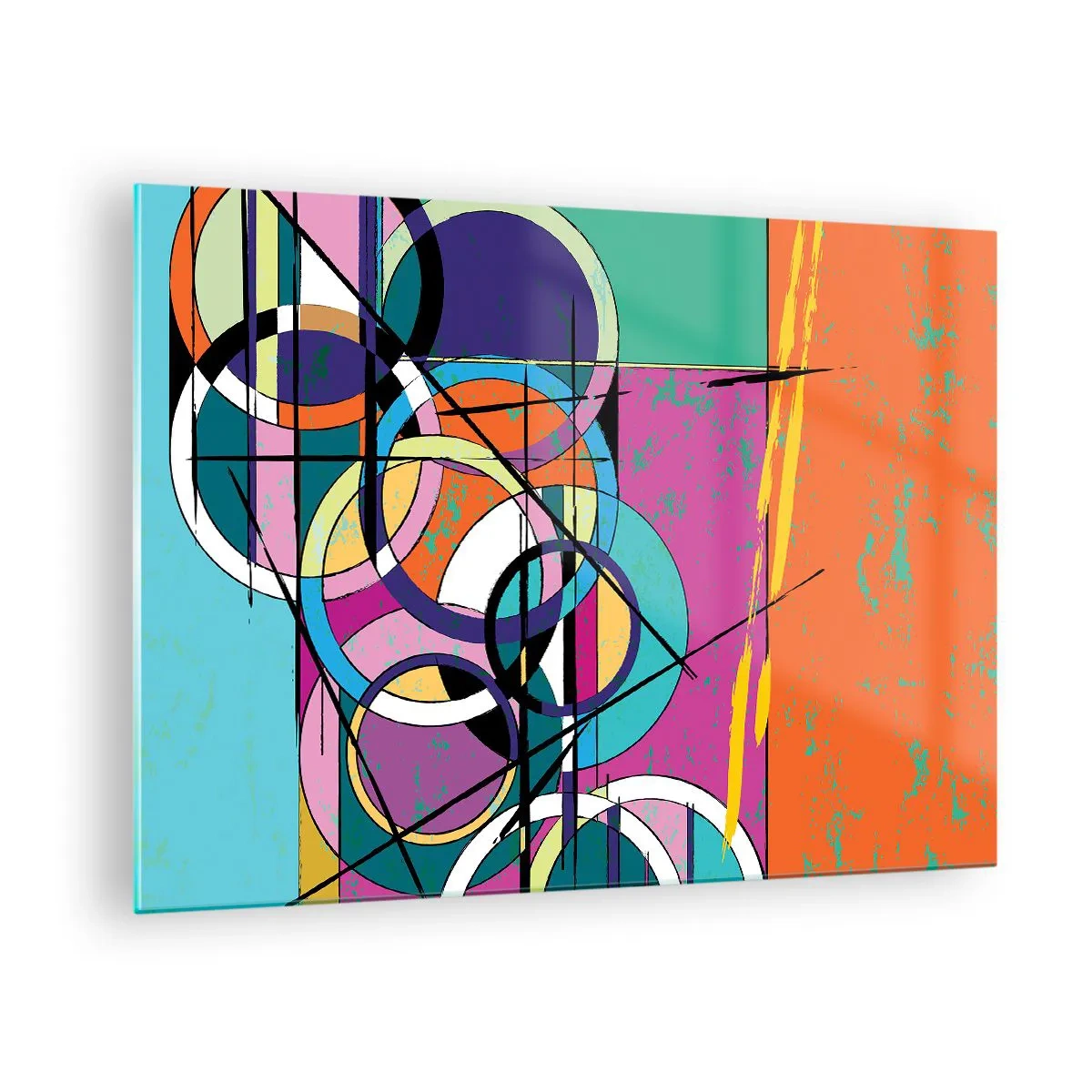 Cuadro sobre vidrio - Impresiones sobre Vidrio - Abstracción colorida con formas geométricas y círculos. - 70x50cm - Círculo sobre círculo - Decoración de pared moderna para salón y dormitorio ARTTOR