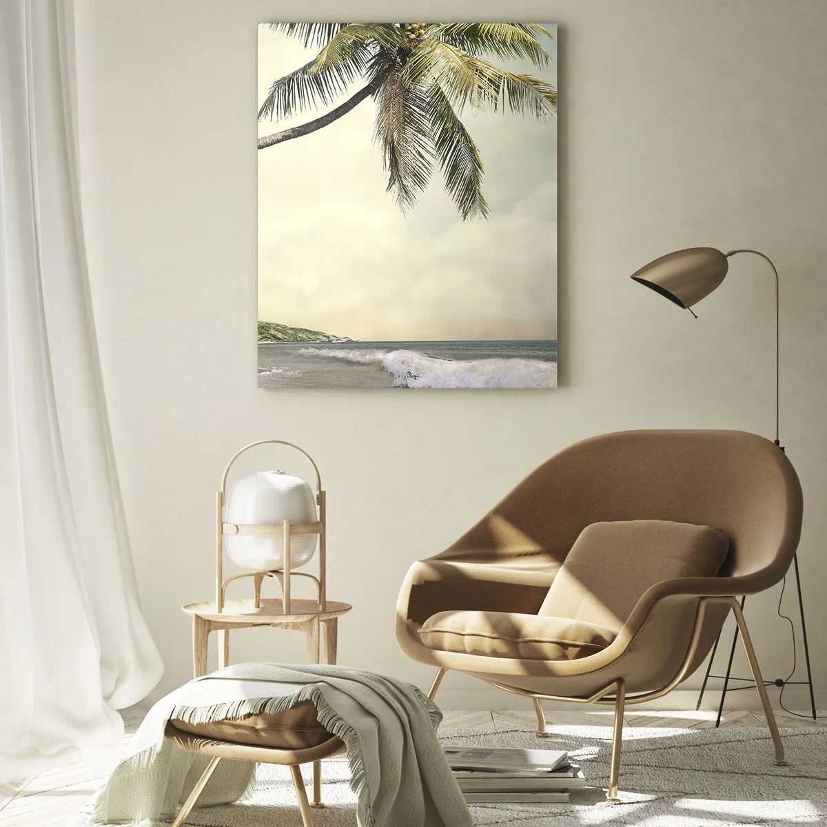 Cuadro sobre vidrio - Impresiones sobre Vidrio - Playa tropical con palmeras y olas. - 50x70cm - Sueño tropical - Decoración de pared moderna para salón y dormitorio ARTTOR