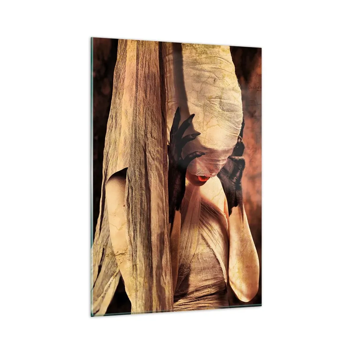 Cuadro sobre vidrio - Impresiones sobre Vidrio - Una mujer con velo y un estilo misterioso sobre un fondo oscuro. - 80x120cm - Entre el bien y el mal - Decoración de pared moderna para salón y dormitorio ARTTOR