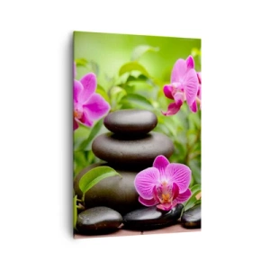 Cuadro sobre lienzo - Impresión de Imagen - Orquídeas rosas con piedras sobre un fondo verde. - 70x100cm - Una pirámide de paz - Decoración de pared moderna para salón y dormitorio ARTTOR
