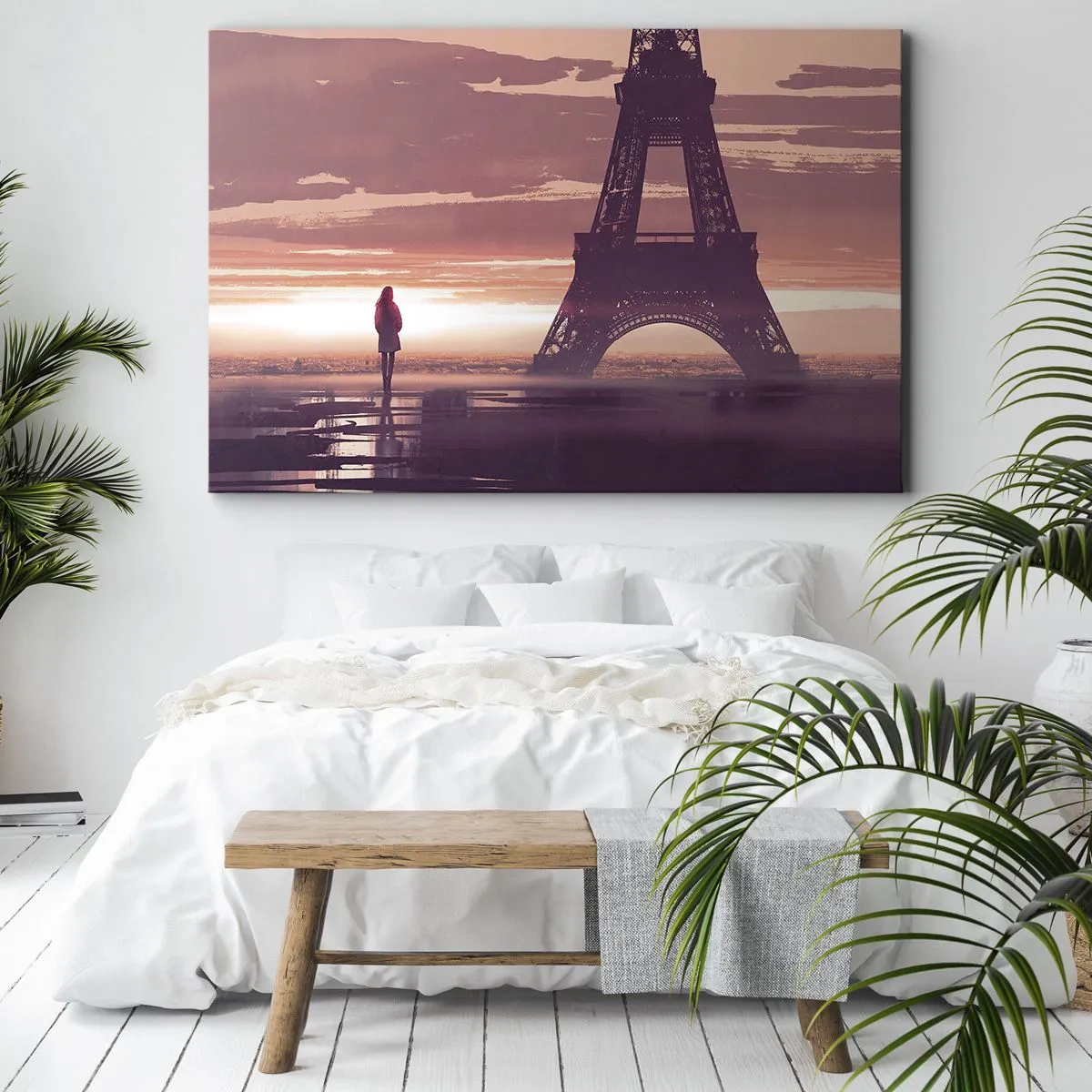Cuadro sobre lienzo - Impresión de Imagen - Una figura mirando la Torre Eiffel a la luz del sol poniente. - 120x80cm - Sólo ellas dos - Decoración de pared moderna para salón y dormitorio ARTTOR