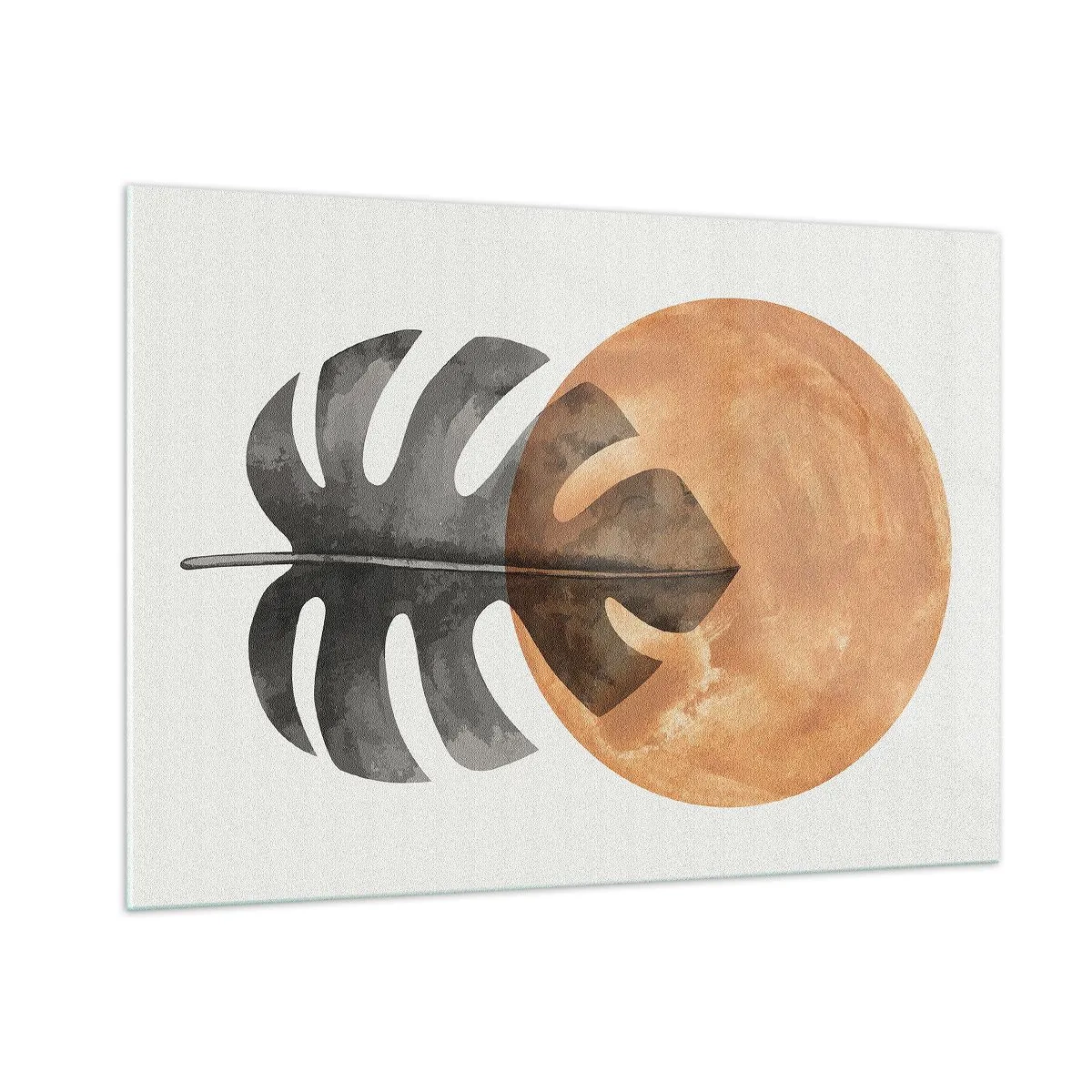 Cuadro sobre vidrio - Impresiones sobre Vidrio - Hoja de monstera y círculo naranja en estilo gráfico sobre fondo blanco. - 100x70cm - Siempre el sol - Decoración de pared moderna para salón y dormitorio ARTTOR