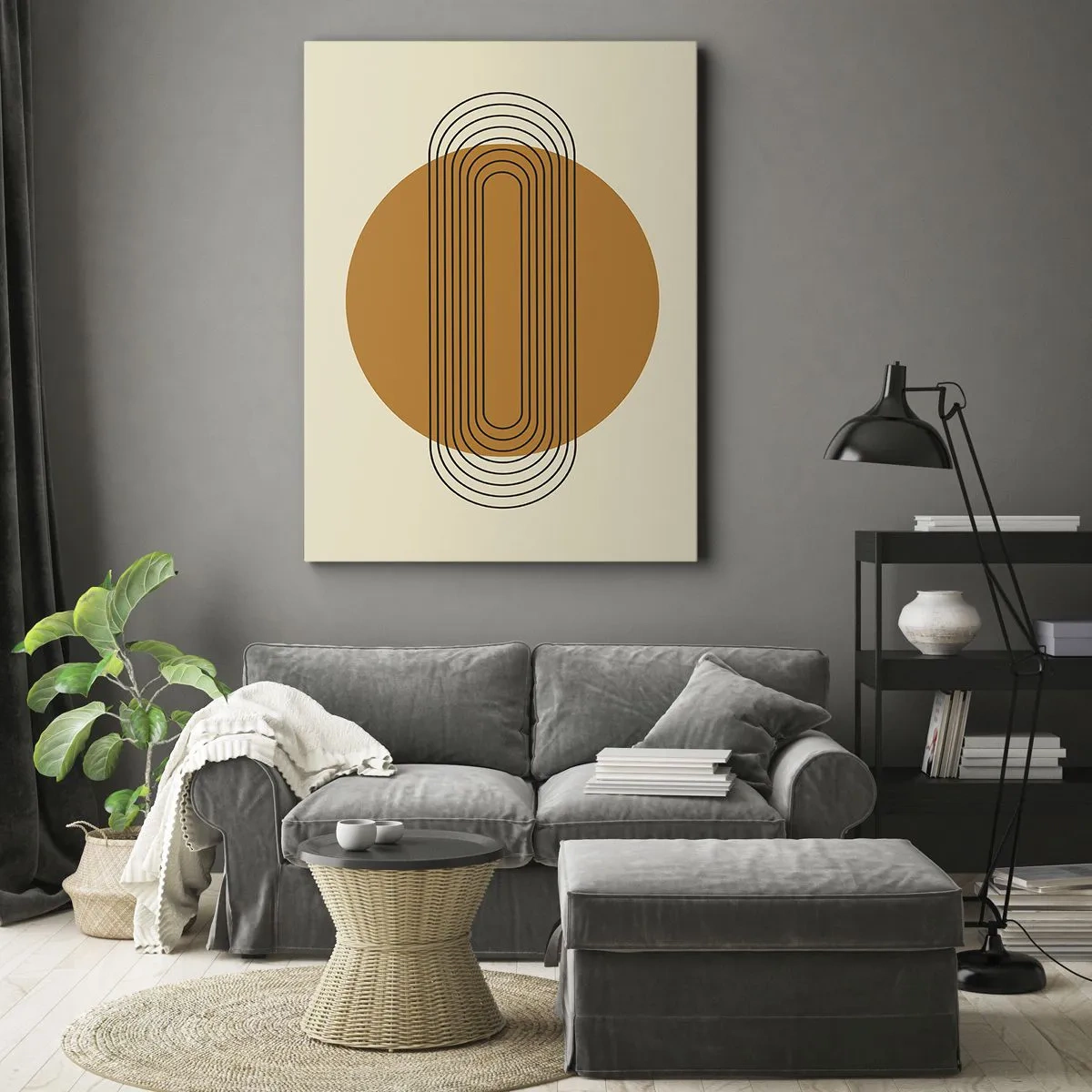 Cuadro sobre lienzo - Impresión de Imagen - Patrón geométrico con círculos y líneas naranjas. - 50x70cm - El plan perfecto - Decoración de pared moderna para salón y dormitorio ARTTOR