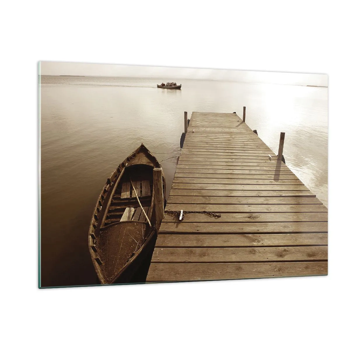 Cuadro sobre vidrio - Impresiones sobre Vidrio - Un barco en un muelle en un lago tranquilo en sepia. - 120x80cm - La auténtica paz - Decoración de pared moderna para salón y dormitorio ARTTOR