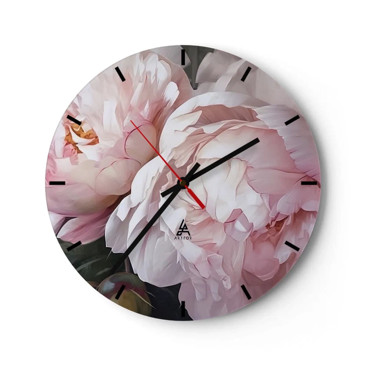 Reloj de pared - Reloj de vidrio - Delicadas peonías rosas en primer plano - 30x30cm - En flor - Decoración de pared moderna para salón, cocina y dormitorio ARTTOR