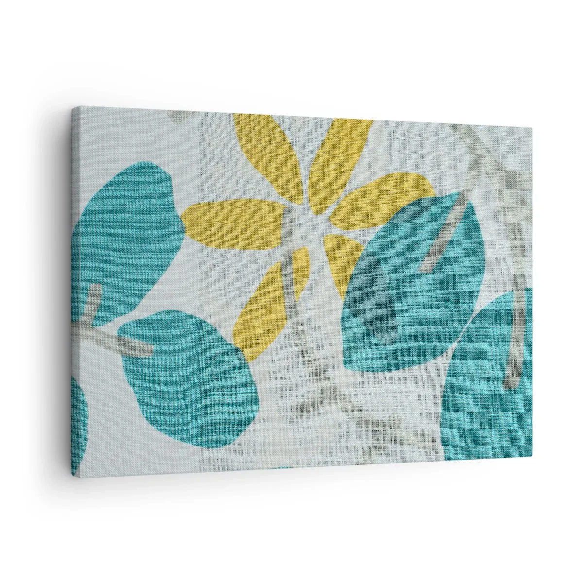 Cuadro sobre lienzo - Impresión de Imagen - Hojas en tonos turquesa y amarillo sobre un fondo claro. - 70x50cm - Entre hojas azules - Decoración de pared moderna para salón y dormitorio ARTTOR