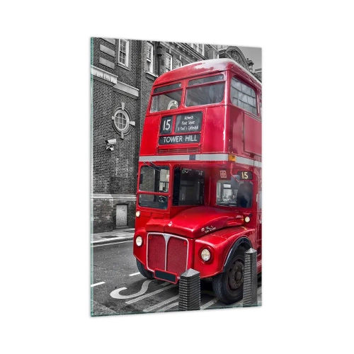 Cuadro sobre vidrio - Impresiones sobre Vidrio - Un autobús rojo de dos pisos en Londres con un fondo de arquitectura clásica. - 80x120cm - El mismo de siempre - Decoración de pared moderna para salón y dormitorio ARTTOR