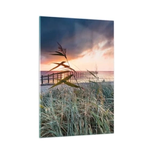 Cuadro sobre vidrio - Impresiones sobre Vidrio - Playa al atardecer con hierbas en primer plano - 80x120cm - Bailando con el viento - Decoración de pared moderna para salón y dormitorio ARTTOR