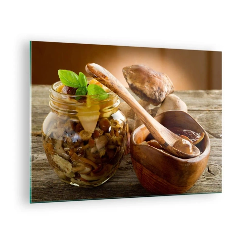 Cuadro sobre vidrio - Impresiones sobre Vidrio - Champiñones encurtidos en un tarro con un cuenco de madera y champiñones sobre la mesa al fondo - 70x50cm - Ya sea fresco, o salado, o de temporada de otoño....