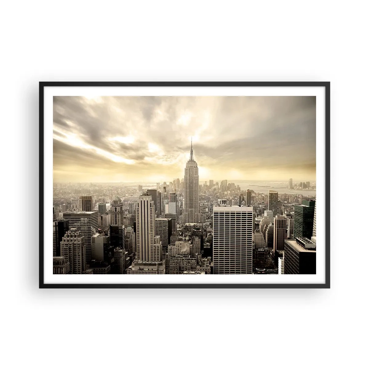 Póster en marco negro - Panorama de la ciudad con vista al Empire State Building - 100x70cm - Tejido neoyorquino en tonos grises - Decoración de pared moderna para salón y dormitorio ARTTOR