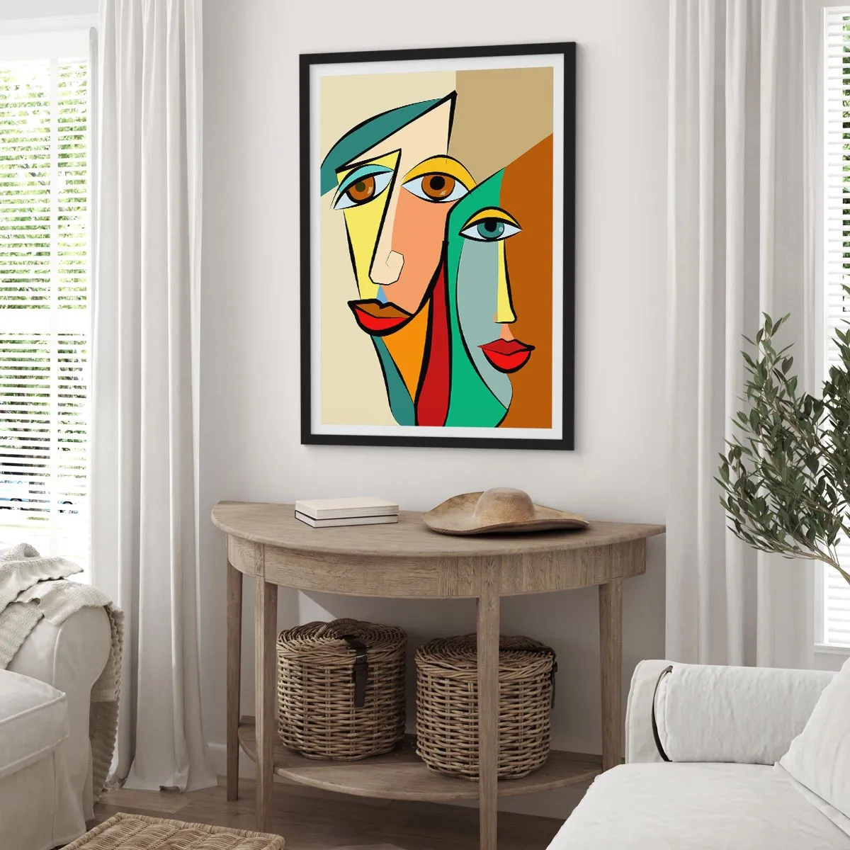 Póster en marco negro - Rostros abstractos de estilo cubista en colores cálidos - 50x70cm - Pareja cubista - Decoración de pared moderna para salón y dormitorio ARTTOR