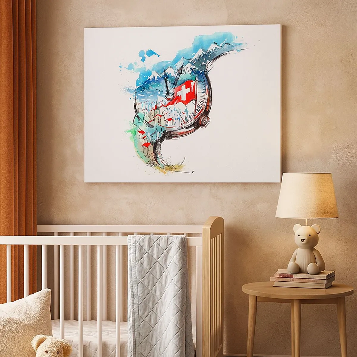 Cuadro sobre lienzo - Impresión de Imagen - Un paisaje de acuarela de Suiza con un diseño de relojería. - 70x50cm - El espíritu de Suiza - Decoración de pared moderna para salón y dormitorio ARTTOR