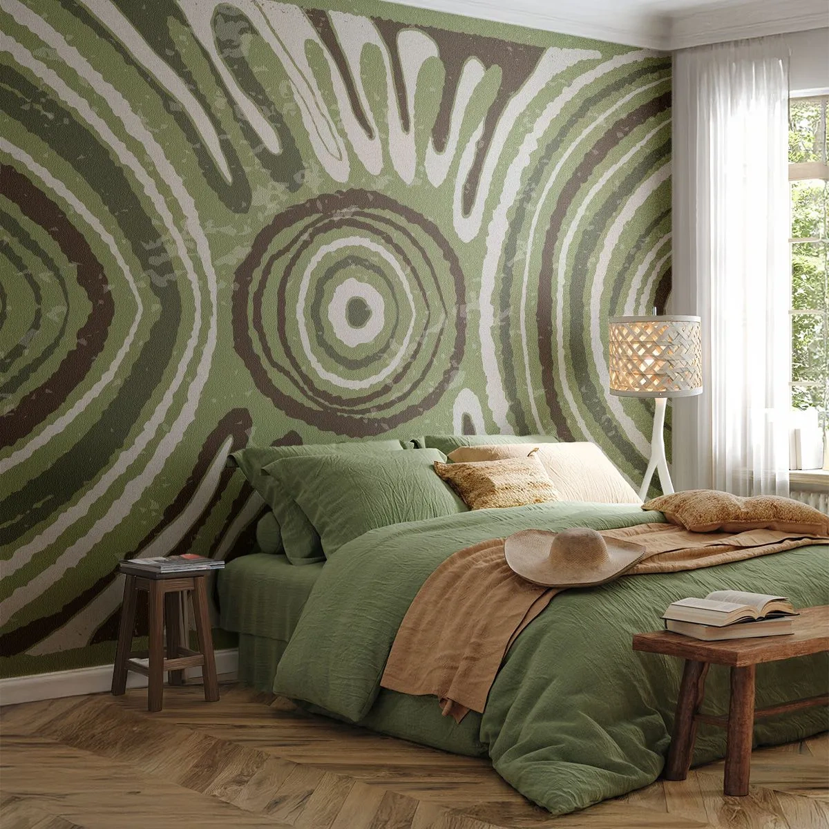 Fotomural Premium Sand - Abstracción verde con patrones concéntricos y radiales. - 100x70cm - Explosión de emociones - Decoración de pared moderna para salón y dormitorio ARTTOR