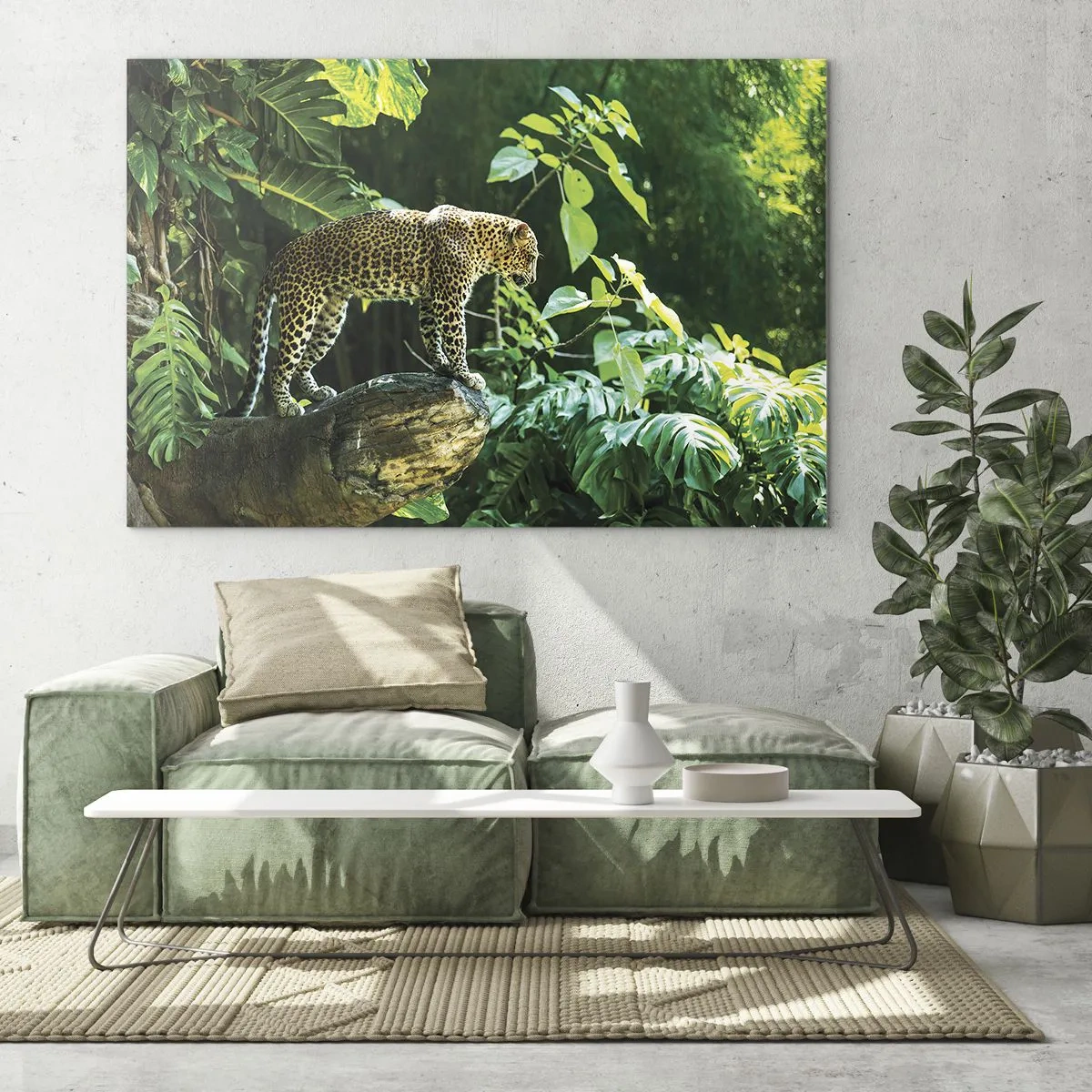 Cuadro sobre vidrio - Impresiones sobre Vidrio - Leopardo en una roca en la selva tropical - 70x50cm - ¿A la caza? - Decoración de pared moderna para salón y dormitorio ARTTOR