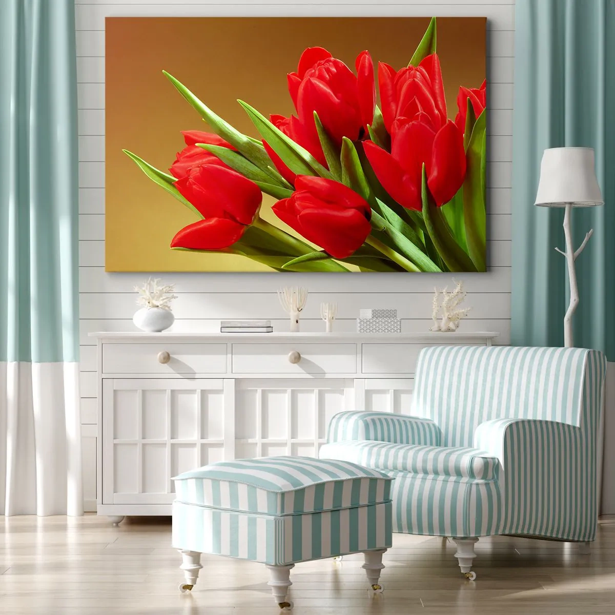 Cuadro sobre lienzo - Impresión de Imagen - Un ramo de tulipanes rojos sobre un fondo dorado con hojas verdes. - 120x80cm - Estallido de alegría primaveral - Decoración de pared moderna para salón y dormitorio ARTTOR