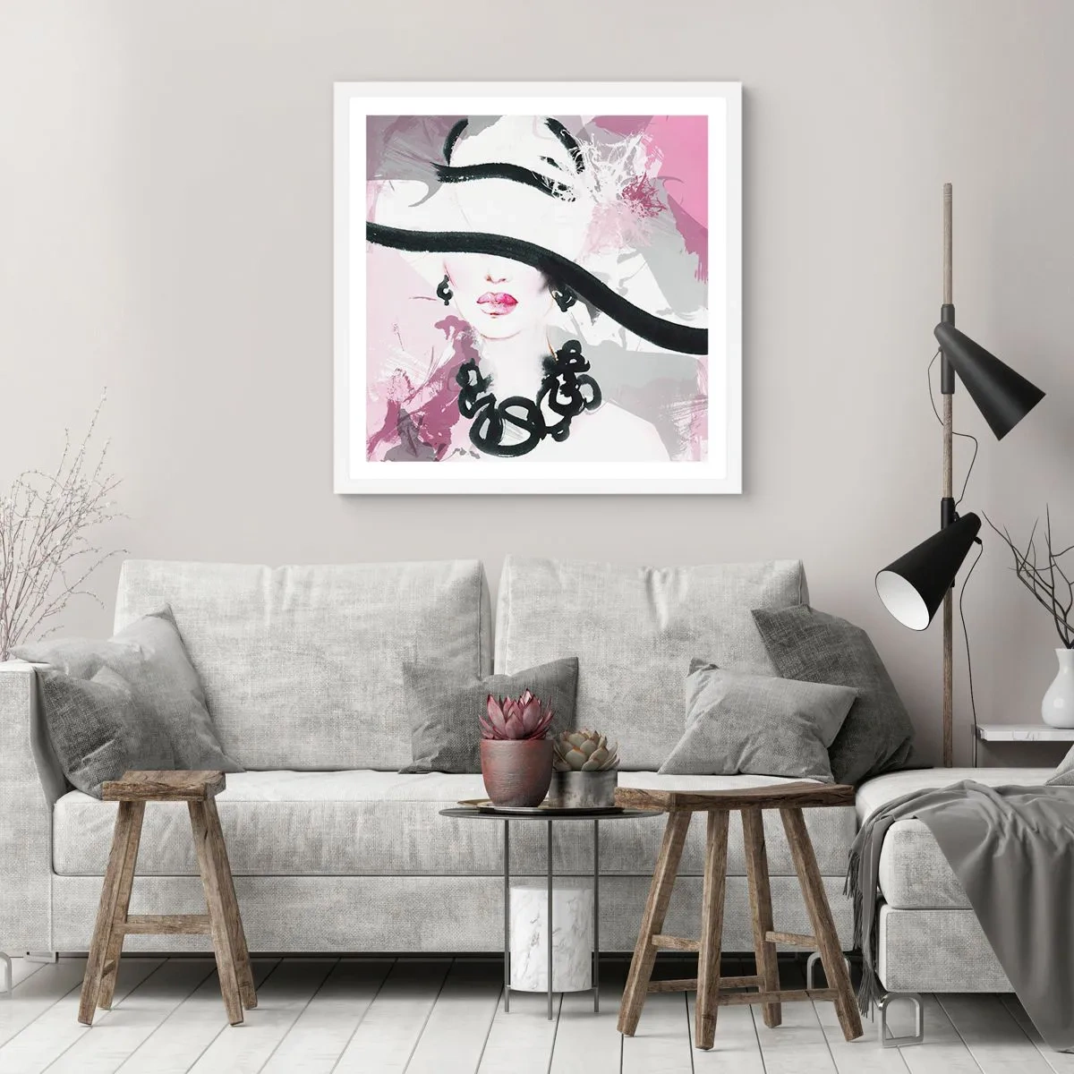 Póster en marco blanco - Retrato de una dama en negro y rosa - 30x30 cm