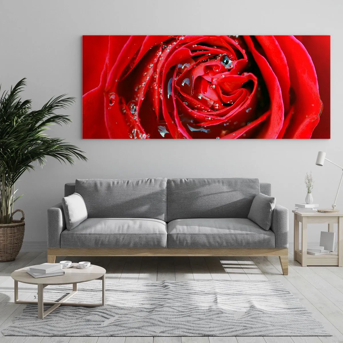 Cuadro sobre vidrio - Impresiones sobre Vidrio - Primer plano de una rosa roja con gotas de agua en los pétalos. - 160x50cm - En gotas de rocío - Decoración de pared moderna para salón y dormitorio ARTTOR