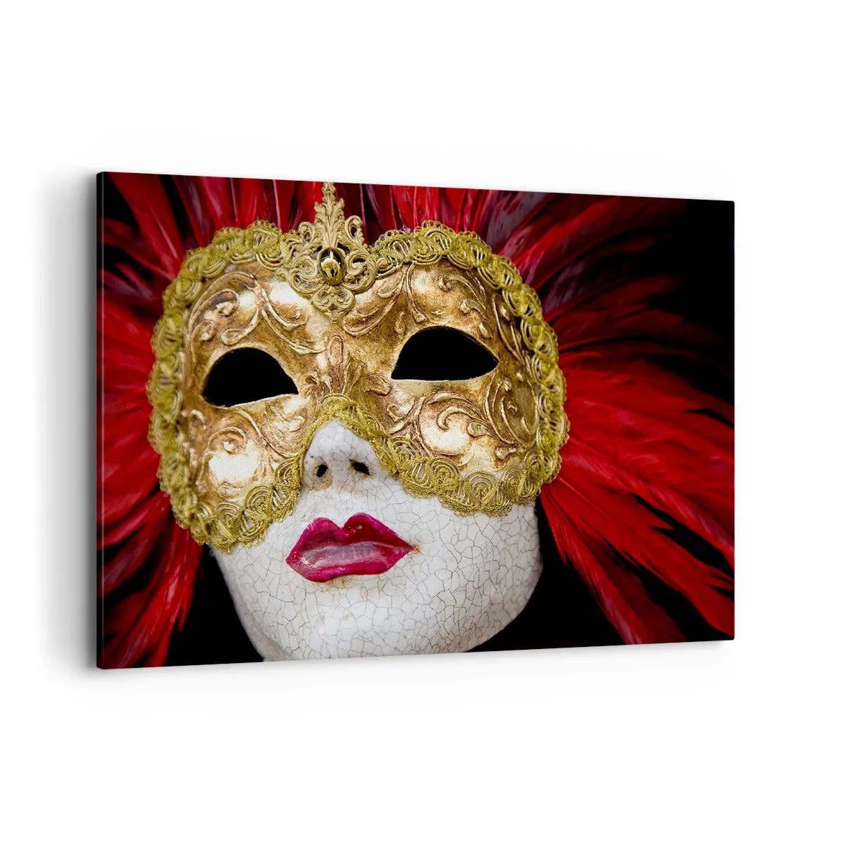 Cuadro sobre lienzo - Impresión de Imagen - Máscara veneciana dorada con plumas rojas - 100x70cm - Promesa de aventura carnavalesca - Decoración de pared moderna para salón y dormitorio ARTTOR