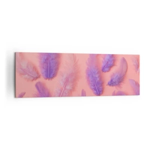 Cuadro sobre lienzo - Impresión de Imagen - Plumas moradas y rosas sobre un fondo pastel. - 160x50cm - Un pájaro lila del deseo - Decoración de pared moderna para salón y dormitorio ARTTOR