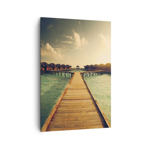 Cuadro sobre lienzo - Impresión de Imagen - Un embarcadero de madera que conduce a las casas sobre el agua, iluminadas por los rayos del sol. - 70x100cm - Una cálida invitación - Decoración de pared moderna para salón y dormitorio ARTTOR