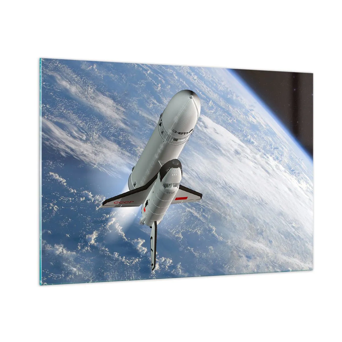 Cuadro sobre vidrio - Impresiones sobre Vidrio - Un transbordador espacial despegando en el espacio con la Tierra al fondo. - 100x70cm - Ascensión cósmica - Decoración de pared moderna para salón y dormitorio ARTTOR