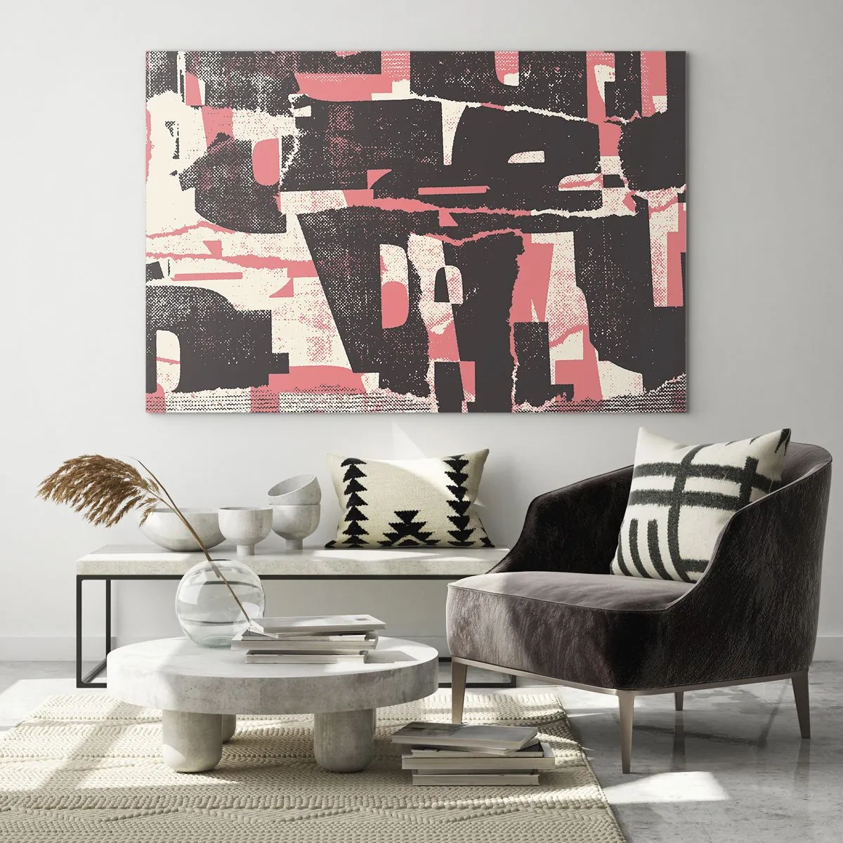 Cuadro sobre vidrio - Impresiones sobre Vidrio - Abstracción moderna en negro, rojo y beige. - 120x80cm - Todo el ajetreo - Decoración de pared moderna para salón y dormitorio ARTTOR