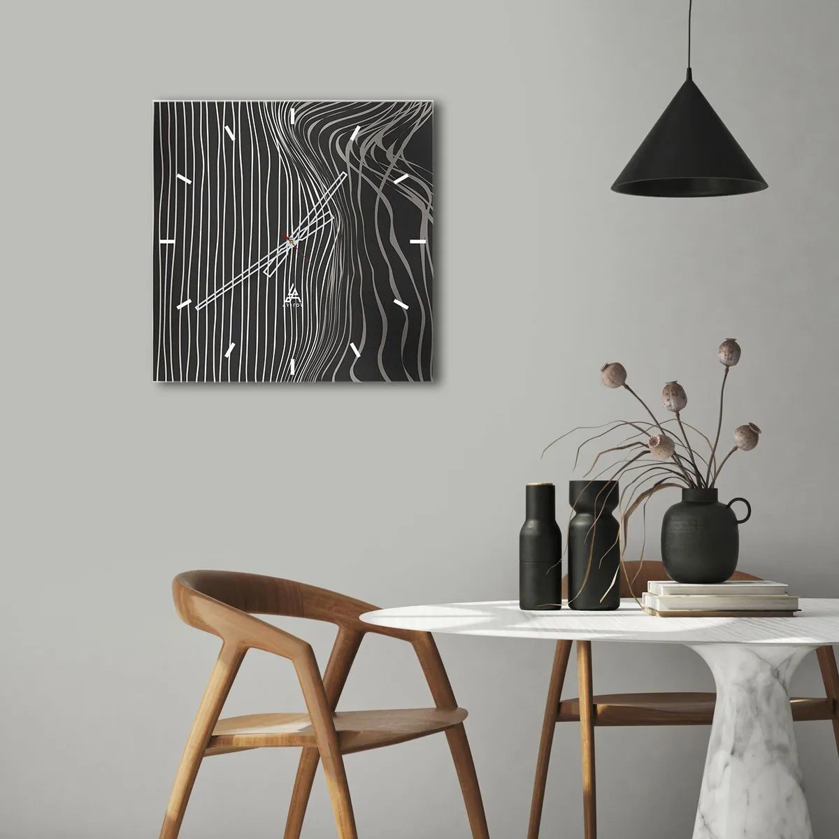 Reloj de pared - Reloj de vidrio - Líneas blancas sobre un fondo gris oscuro en una disposición abstracta. - 30x30cm - Ritmo y acento - Decoración de pared moderna para salón y dormitorio ARTTOR