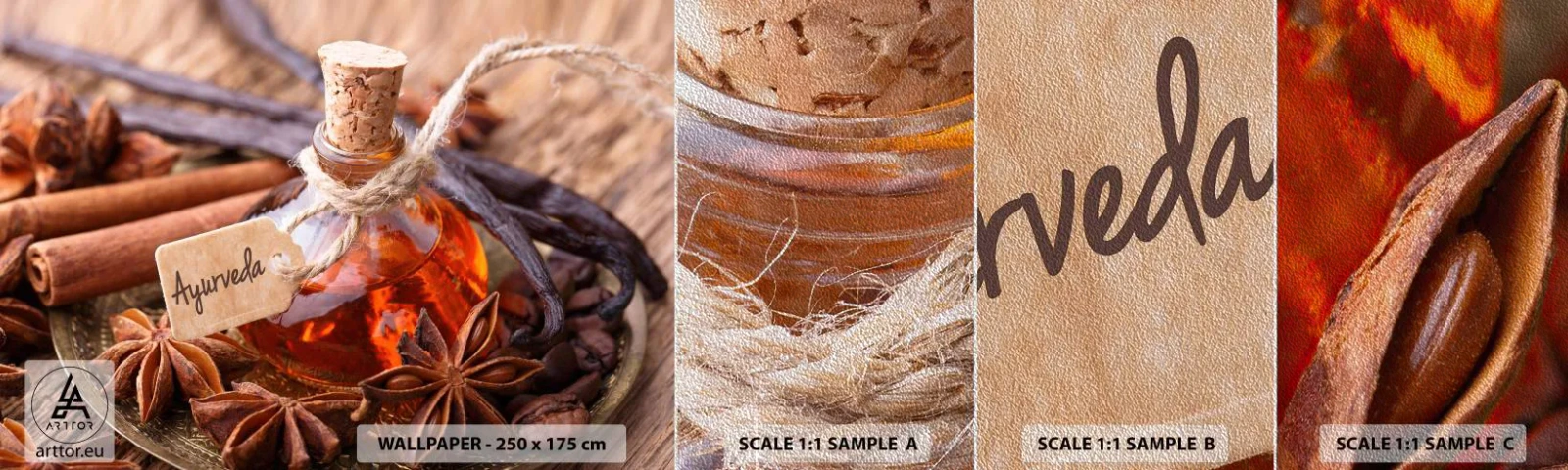 Muestra de fotomural Premium Sand - Hacia la unidad del cuerpo y el espíritu - Canela, Anís, Vainilla - 100x30 cm