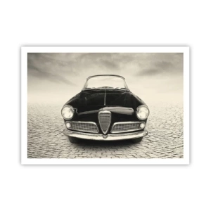 Póster - Un coche clásico en una plaza adoquinada en estilo monocromático. - 100x70cm - ¿Y cómo no quererme? - Decoración de pared moderna para salón y dormitorio ARTTOR