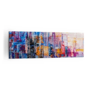 Cuadro sobre lienzo - Impresión de Imagen - Un panorama colorido de la ciudad con reflejos en el agua. - 160x50cm - Una metrópoli alegre - Decoración de pared moderna para salón y dormitorio ARTTOR