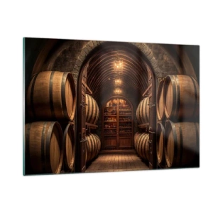 Cuadro sobre vidrio - Impresiones sobre Vidrio - Un viñedo con barricas y una bodega iluminada llena de botellas. - 120x80cm - Sótano atmosférico - Decoración de pared moderna para salón y dormitorio ARTTOR